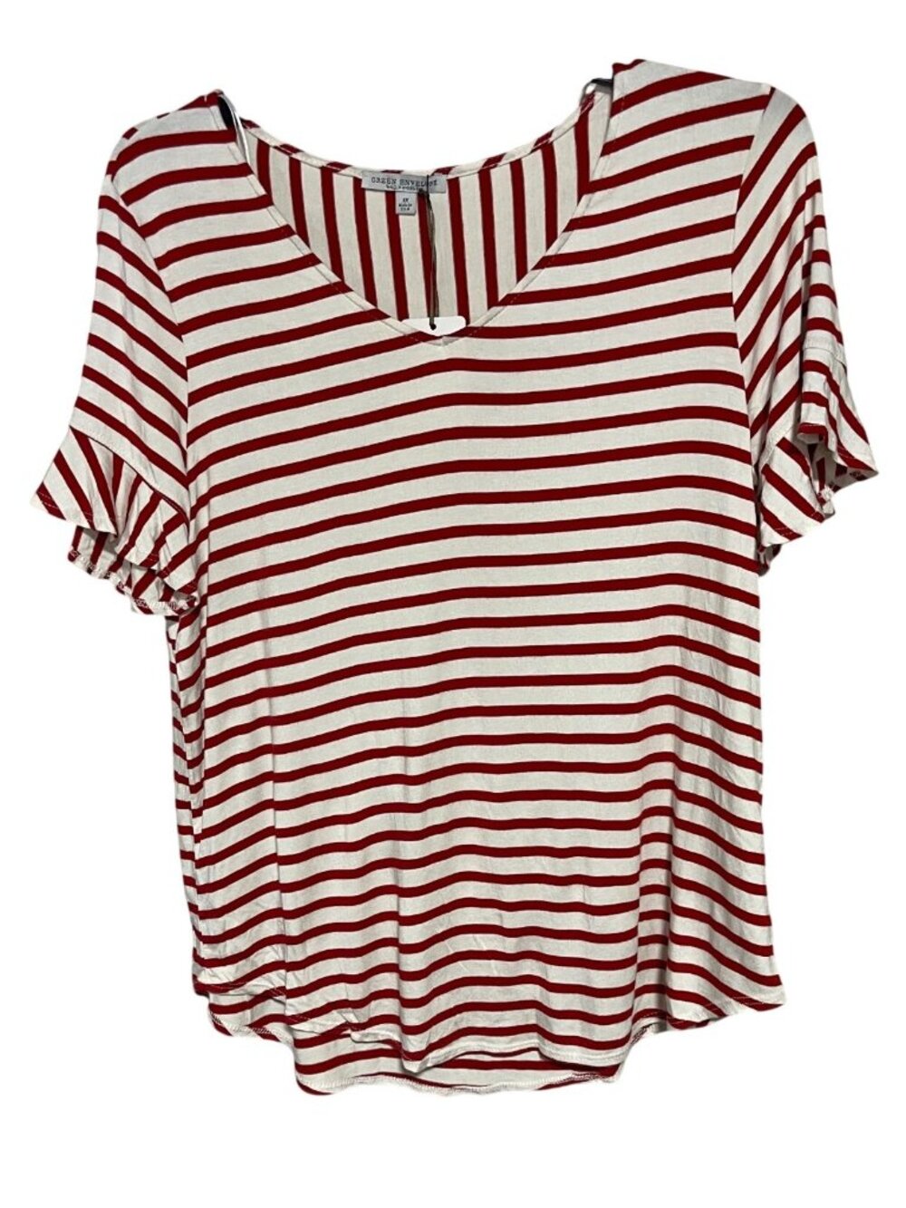 Green Envelope Womens Shirt Size 1X Red & White Striped Ruffle Flutter Sleeve